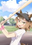  1girl :p absurdres ahoge alternate_costume animal_ears baseball_bat baseball_cap baseball_uniform black_headwear brown_hair ears_through_headwear from_side funamori hair_between_eyes hat highres holding holding_baseball_bat horse_ears horse_girl jungle_pocket_(umamusume) looking_at_viewer shirt solo sportswear tongue tongue_out umamusume white_shirt yellow_eyes 