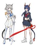  2girls absurdres arknights black_eyes blue_hair ch&#039;en_(arknights) cosplay dragon_girl dragon_horns dragon_tail highres horns katana kill_la_kill kiryuuin_satsuki matoi_ryuuko matoi_ryuuko_(cosplay) midriff multiple_girls neckerchief red_eyes sailor_collar school_uniform senketsu simple_background sword tail talulah_(arknights) toyyot weapon white_background white_hair white_sailor_collar 