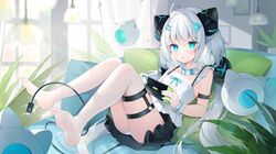  1girl absurdres garter_belt garter_straps heterochromia highres ice_(ice) original pants plant short_hair switch twintails white_hair white_pants 