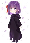  aged_down black_footwear black_hoodie blush boots bow child closed_mouth eyebrows_hidden_by_hair fern_(sousou_no_frieren) floral_background frills hair_bow highres hood hoodie looking_at_viewer nanami_ayane_(kusunoki5050) puffy_sleeves purple_hair short_hair simple_background sousou_no_frieren standing violet_eyes 