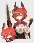  ! 1girl arknights black_gloves blush breasts cape chibi fiammetta_(arknights) gloves highres medium_breasts odmised red_eyes redhead simple_background solo upper_body white_background 