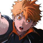  1boy black_shirt haikyuu!! hair_between_eyes highres hinata_shouyou karasuno_volleyball_uniform looking_at_viewer male_focus multiple_boys open_mouth orange_eyes orange_hair outstretched_arm portrait reaching reaching_towards_viewer ringed_eyes shirt short_hair short_sleeves simple_background solo spiky_hair sportswear sweat umkaqryi volleyball_uniform white_background 