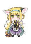  1girl animal_ears arknights black_gloves blonde_hair blue_hairband blush braid braided_hair_rings chibi closed_mouth dress earpiece fox_ears fox_girl fox_tail gloves green_eyes hair_rings hairband highres holding kitsune kyuubi looking_at_viewer multiple_tails nasumikan_(nodoame241) originium_slug_(arknights) purple_dress simple_background single_glove solo standing tail twin_braids white_background 