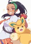  1girl absurdres black_hair brown_eyes dark-skinned_female dark_skin green_hair highres holding holding_poke_ball long_hair looking_at_viewer multicolored_hair naranja_academy_school_uniform necktie nemona_(pokemon) orange_necktie orange_shorts pawmo piyo_to_game poke_ball poke_ball_(basic) pokemon pokemon_(creature) pokemon_sv ponytail school_uniform shirt shorts smile teeth two-tone_hair white_background white_shirt 