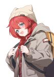  1girl :d absurdres animal_ear_headwear backpack bag beanie blue_archive blue_eyes blush braid brown_shirt grey_headwear grey_jacket hair_between_eyes hands_up happy hat highres hishiki_(pixi14719710) hood hood_down hooded_jacket jacket long_hair long_sleeves looking_at_viewer maki_(blue_archive) maki_(camp)_(blue_archive) official_alternate_costume official_alternate_hairstyle open_clothes open_jacket open_mouth red_sweater redhead shirt simple_background smile solo sweater twin_braids twintails upper_body white_background winter_clothes 