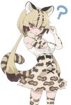  1girl absurdres animal_ears bare_shoulders belt bow bowtie cat_ears cat_girl cat_tail elbow_gloves extra_ears gloves grey_hair highres kemono_friends kunikuni_(kunihiro2005) long_hair looking_at_viewer ocelot_(kemono_friends) ocelot_print red_eyes shirt simple_background skirt sleeveless sleeveless_shirt solo tail thigh-highs twintails 