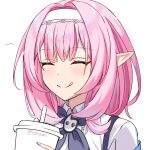  1girl :q ^_^ closed_eyes commentary cup elysia_(honkai_impact) hairband holding holding_cup honkai_(series) honkai_impact_3rd medium_hair nami_(tznami) pink_hair pointy_ears portrait shirt smile solo tongue tongue_out white_hairband white_shirt 