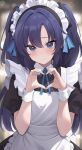  1girl absurdres alternate_costume apron blue_archive blue_bow blue_bowtie blurry blush bow bowtie depth_of_field enmaided frilled_apron frills halo heart heart_hands highres long_hair looking_at_viewer maid maid_apron maid_headdress parted_bangs purple_hair short_sleeves sidelocks solo two_side_up violet_eyes white_apron wrist_cuffs yuuka_(blue_archive) zeatto 