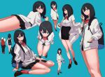  1girl absurdres backpack bag black_footwear black_hair black_skirt blue_background commentary_request gridman_universe highres killert_0401 lying on_stomach phone pink_bag red_socks shirt short_hair simple_background skirt socks ssss.gridman sweater takarada_rikka thick_thighs thighs undressing white_shirt white_sweater 