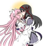  2girls akemi_homura argyle argyle_legwear black_hair cult_of_yuri dress goddess_madoka hair_ribbon hairband highres kaname_madoka kiss long_hair magical_girl mahou_shoujo_madoka_magica multiple_girls pink_hair ribbon soul_gem white_dress yuri 