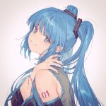  1girl arm_tattoo blue_eyes blue_hair blue_nails from_side hand_on_own_shoulder hatsune_miku head_tilt holding_own_arm long_hair looking_at_viewer nagu nail_polish parted_lips simple_background solo tattoo twintails upper_body vocaloid 
