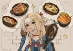  1girl anajudraws blonde_hair blush braid dungeon_meshi elf food green_eyes highres hood imagining long_hair long_sleeves marcille_donato open_mouth pointy_ears robe saliva smile solo staff teeth thinking thought_bubble upper_body upper_teeth_only 