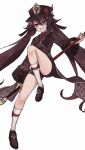  1girl black_headwear brown_hair flower flower-shaped_pupils genshin_impact grin hat hat_flower holding holding_weapon hu_tao_(genshin_impact) leg_up long_hair long_sleeves low_twintails ma_y_yyyo polearm red_eyes red_flower shoes shorts simple_background smile socks solo symbol-shaped_pupils twintails very_long_hair weapon white_socks 