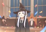  1girl :3 absurdres closed_eyes crossover elf frieren harry_potter_(series) hat highres indoors kaai_yuu long_hair necktie pointy_ears ribbon solo_focus sorting_hat sousou_no_frieren trait_connection twintails white_hair witch_hat wizarding_world 