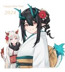  2024 2girls absurdres arknights black_hair chinese_zodiac dragon_girl dragon_tail dusk_(arknights) happy_birthday highres japanese_clothes kimono looking_at_viewer multiple_girls nian_(arknights) orange_eyes pointy_ears purple_eye rain_(rain8649) short_hair simple_background smile tail white_background year_of_the_dragon 