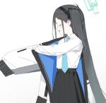  1girl absurdly_long_hair aris_(blue_archive) black_hair black_hairband black_skirt blue_archive blue_necktie blush closed_eyes collared_shirt commentary_request countryman_(artist) from_side green_halo hairband halo highres jacket long_hair long_sleeves necktie open_mouth pleated_skirt profile shirt simple_background skirt smile solo two-sided_fabric two-sided_jacket very_long_hair white_background white_shirt 