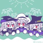  3girls arknights braid chibi gladiia_(arknights) grey_hair hair_over_one_eye hat long_hair multiple_girls nora_(petlico) pointy_ears ponytail red_eyes sitting skadi_(arknights) specter_(arknights) 