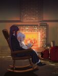  1boy 2girls black_coat black_hair black_robe blunt_bangs book capelet chair coat collar commentary_request elf fern_(sousou_no_frieren) fire fireplace fireplace_tool_stand firewood frieren frilled_collar frills green_eyes highres holding holding_book long_hair multicolored_hair multiple_girls on_chair on_floor pointy_ears purple_hair reading redhead robe rocking_chair ryusei_hashida sitting sitting_on_lap sitting_on_person sousou_no_frieren stark_(sousou_no_frieren) straight_hair twintails two-tone_hair white_capelet white_hair 