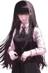  1girl black_hair black_ribbon celly_(mogmog_99) chainsaw_man collared_shirt cross_scar dress fourth_east_high_school_uniform highres long_hair long_sleeves looking_at_viewer neck_ribbon pinafore_dress ribbon ringed_eyes scar scar_on_cheek scar_on_face scar_on_nose school_uniform shirt simple_background sleeveless sleeveless_dress solo straight_hair very_long_hair white_shirt yoru_(chainsaw_man) 