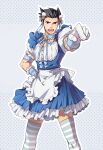  1boy ace_attorney alternate_costume apron black_eyes black_hair blue_background blue_dress collar commentary crossdressing dress enmaided feet_out_of_frame frilled_apron frilled_collar frilled_dress frills hair_ornament hand_on_own_hip highres linjie looking_at_viewer maid maid_apron open_mouth outstretched_arm phoenix_wright pointing pointing_at_viewer puffy_short_sleeves puffy_sleeves short_sleeves solo spiky_hair straight-on striped_clothes striped_thighhighs sweat thigh-highs white_apron 