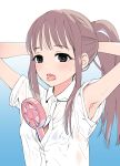  1girl armpits black_eyes electric_fan hanamizawa_q-tarou highres hot open_mouth original ponytail shirt simple_background solo summer sweat tongue 