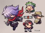  4boys black_eyes chibi clenched_hands closed_mouth copyright_name cowboy_hat fang fighting_stance fingerless_gloves full_body gloves green_hair grey_background hair_over_one_eye hat headband holding holding_weapon kotorai kunai live_a_live long_sideburns male_focus mask multiple_boys oboro-maru_(live_a_live) outstretched_arms pants pogo_(live_a_live) purple_hair red_headband shawl sideburns spread_arms sundown_kid sword sword_on_back takahara_masaru violet_eyes weapon weapon_on_back white_pants 