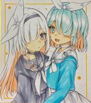  2girls :d arona_(blue_archive) black_hairband blue_archive blue_eyes blue_hair blue_shirt blush_stickers bow choker closed_mouth commentary_request dakkusu grey_eyes grey_hair grey_jacket grey_sailor_collar grey_serafuku grey_shirt grey_skirt hair_over_one_eye hair_ribbon hairband highres jacket long_hair looking_at_viewer marker_(medium) multicolored_hair multiple_girls neckerchief open_clothes open_jacket pink_hair plana_(blue_archive) pleated_skirt ribbon sailor_collar school_uniform serafuku shirt skirt smile traditional_media two-tone_hair very_long_hair white_bow white_choker white_hairband white_neckerchief white_ribbon white_sailor_collar 