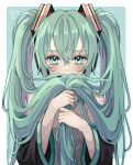  1girl :&lt; bare_shoulders black_sleeves blue_background blue_eyes blush border closed_mouth collared_shirt detached_sleeves dot_nose embarrassed flying_sweatdrops frilled_shirt frills green_hair grey_shirt hair_between_eyes hair_ornament hatsune_miku headset highres holding_own_hair long_hair long_sleeves looking_at_viewer microphone naguno-0713 number_tattoo shirt sidelocks simple_background sleeveless sleeveless_shirt solo straight-on tattoo twintails upper_body very_long_hair vocaloid white_border 