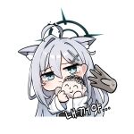  1girl 1other absurdres ahoge animal_ear_fluff animal_ears blue_archive blue_eyes blush character_doll closed_mouth dark_halo di_le_to doodle_sensei_(blue_archive) extra_ears grey_hair halo highres korean_text long_hair long_sleeves looking_at_viewer sensei_(blue_archive) shiroko_(blue_archive) shiroko_terror_(blue_archive) shirt simple_background white_background white_shirt wolf_ears 
