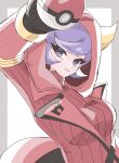  1girl black_gloves breasts courtney_(pokemon) cowlick dress fake_horns gloves highres holding holding_poke_ball hood hooded_vest hoodie horned_headwear horned_hood horns long_sleeves medium_breasts ngo_(ngo_hotategoya) poke_ball poke_ball_(basic) pokemon pokemon_oras purple_hair red_dress red_hood red_sweater ribbed_dress ribbed_sweater short_dress solo sweater sweater_dress swept_bangs team_magma turtleneck_dress vest violet_eyes 