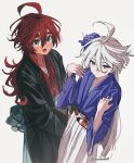  2girls :d ahoge alternate_costume arm_hug artist_name blue_eyes blue_flower blue_kimono closed_mouth cowboy_shot dark-skinned_female dark_skin flower grey_eyes gundam gundam_suisei_no_majo hair_between_eyes hair_down hair_flower hair_ornament hakama hands_on_own_shoulders hands_up haori japanese_clothes kimono long_hair long_sleeves looking_at_viewer messy_hair miorine_rembran multiple_girls open_mouth planetzer_0 red_kimono redhead simple_background smile standing suletta_mercury thick_eyebrows twitter_username very_long_hair white_background white_hakama wide_sleeves 