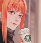  1girl absurdres alternate_costume asaki_illust black_sweater blurry blurry_background chainsaw_man coffee_cup cup depth_of_field disposable_cup highres logo_parody looking_at_viewer makima_(chainsaw_man) medium_bangs orange_eyes orange_hair outdoors portrait red_lips ringed_eyes sidelocks solo starbucks sweater turtleneck turtleneck_sweater 