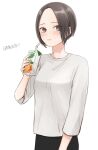  1girl black_pants blush breasts brown_eyes brown_hair drink drinking_straw highres holding holding_drink juice_box kyoi_hey long_sleeves looking_at_viewer medium_breasts original pants parted_bangs shirt short_hair solo translation_request upper_body white_background white_shirt 