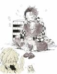  1girl 3boys agatsuma_zenitsu arms_up bit_gag blush brother_and_sister closed_eyes gag haori hashibira_inosuke japanese_clothes kamado_nezuko kamado_tanjirou kimetsu_no_yaiba kimono komejirushi_com multiple_boys obi open_mouth sash scar scar_on_face siblings simple_background sitting sound_effects wide_sleeves 