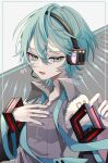  1girl :d bare_shoulders black_background blue_eyes blue_hair blue_nails blue_necktie blush collared_shirt dot_nose fang floating frilled_shirt frills grey_shirt hair_between_eyes hair_ornament hand_on_own_chest hand_up hatsune_miku headset highres holding holding_hair_ornament inset_border looking_at_viewer lower_teeth_only medium_hair microphone naguno-0713 nail_polish necktie number_tattoo open_collar open_mouth shirt sidelocks skin_fang sleeveless sleeveless_shirt smile solo tattoo teeth two-tone_background undone_necktie upper_body vocaloid white_background wing_collar wolf_cut 