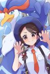  1girl absurdres backpack bag blush braid brown_eyes brown_hair closed_mouth collared_shirt hat highres juliana_(pokemon) looking_at_viewer naranja_academy_school_uniform necktie piyo_to_game pokemon pokemon_(creature) pokemon_sv quaquaval school_uniform shirt smile upper_body white_shirt 