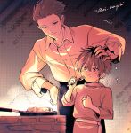  2boys aged_down aki_(neyuki41028) brothers child closed_mouth collared_shirt dress_shirt eating food food_on_face fork frying_pan hair_between_eyes hair_slicked_back hand_on_another&#039;s_head hand_on_own_hip hand_up happy headpat holding holding_fork long_sleeves looking_ahead looking_at_another male_focus meat multicolored_hair multiple_boys pants sash shirt short_hair siblings smile sousou_no_frieren sparkle spiky_hair standing stark_(sousou_no_frieren) stoltz_(sousou_no_frieren) stove streaked_hair twitter_username wavy_mouth 