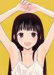  1girl armpits arms_up bare_shoulders hanamizawa_q-tarou highres long_hair open_mouth original simple_background solo upper_body yellow_background 