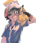  1boy absurdres ash_ketchum baseball_cap black_gloves black_hair blush closed_eyes fingerless_gloves gloves grin hat highres komejirushi_com male_focus on_shoulder open_mouth pikachu pokemon pokemon_(anime) pokemon_(creature) pokemon_on_shoulder pokemon_xy_(anime) short_sleeves simple_background smile upper_body white_background 