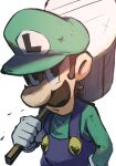  1boy blue_overalls brown_hair facial_hair gloves green_headwear green_shirt hammer hand_in_pocket hat highres holding holding_hammer looking_at_viewer luigi mari_luijiroh mario_&amp;_luigi_rpg masanori_sato_(style) mustache over_shoulder overalls shirt short_hair simple_background solo super_mario_bros. upper_body weapon weapon_over_shoulder white_background white_gloves 