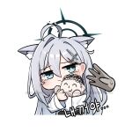  1girl 1other absurdres ahoge animal_ear_fluff animal_ears blue_archive blue_eyes blush character_doll closed_mouth dark_halo di_le_to doodle_sensei_(blue_archive) extra_ears grey_hair halo highres korean_text long_hair long_sleeves looking_at_viewer sensei_(blue_archive) shiroko_(blue_archive) shiroko_terror_(blue_archive) shirt simple_background watermark white_background white_shirt wolf_ears 