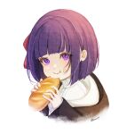  1girl a_tento64 black_coat black_robe blunt_bangs bread chewing closed_mouth coat collar crumbs dress eating fern_(sousou_no_frieren) food frilled_collar frills hair_ribbon highres medium_hair purple_hair purple_pupils red_ribbon ribbon robe simple_background solo sousou_no_frieren straight_hair twitter_username violet_eyes white_dress 