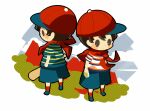  2boys baseball_bat black_eyes black_hair blue_footwear blue_shorts blush_stickers clone hitofutarai holding holding_baseball_bat looking_ahead male_focus mother_(game) mother_1 multiple_boys neckerchief ninten pac-man_eyes red_headwear red_neckerchief red_socks shirt short_hair short_sleeves shorts sideways_hat socks striped_clothes striped_shirt 