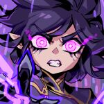  1girl angry clenched_teeth hair_between_eyes incoming_attack league_of_legends long_hair looking_at_viewer morgana_(league_of_legends) phantom_ix_row pointy_ears purple_hair sidelocks simple_background solo teeth upper_body v-shaped_eyebrows violet_eyes 