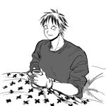  1boy colored_tips cup dorohedoro facial_mark greyscale happy looking_to_the_side male_focus monochrome mug multicolored_hair no_eyebrows on_bed risu_(dorohedoro) shirt sitting smile solo t-shirt to_(pixiv_34180059) under_covers upper_body 