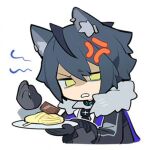  1boy anger_vein arknights black_gloves black_hair character_request chibi chocolate food gloves lowres open_mouth pasta short_hair sihzari simple_background solo white_background 