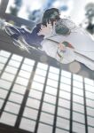  1girl 1other black_hair blurry blurry_background closed_eyes commentary_request dutch_angle facing_another fate/samurai_remnant fate_(series) hair_down hair_flowing_over hair_ornament highres holding_hands imminent_kiss interlocked_fingers japanese_clothes long_hair long_sleeves other_with_female ototachibana-hime_(fate) reflective_floor shirt soshin_(siriusalpc) twitter_username upper_body white_shirt wide_sleeves yamato_takeru_(fate) 