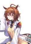  1girl absurdres agnes_tachyon_(umamusume) ahoge animal_ears bespectacled brown_eyes brown_hair earrings glasses hair_between_eyes highres horse_ears horse_girl horse_tail jewelry lab_coat looking_at_viewer necktie rimless_eyewear setu_(shining12) short_hair short_necktie simple_background single_earring sleeves_past_fingers sleeves_past_wrists solo sweater tail umamusume white_background yellow_sweater 