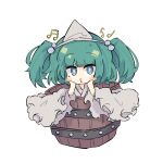  1girl blue_eyes bucket commentary green_hair grey_shirt grey_sleeves hair_ornament kisume long_sleeves looking_at_viewer musical_note primsla shirt solo spoken_musical_note touhou whistling white_background wooden_bucket 