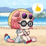  1girl animal_ears arknights beach bikini character_request chibi dog-san dog_ears dog_girl glasses highres pink_hair short_hair sitting solo sunglasses swimsuit thumbs_up 